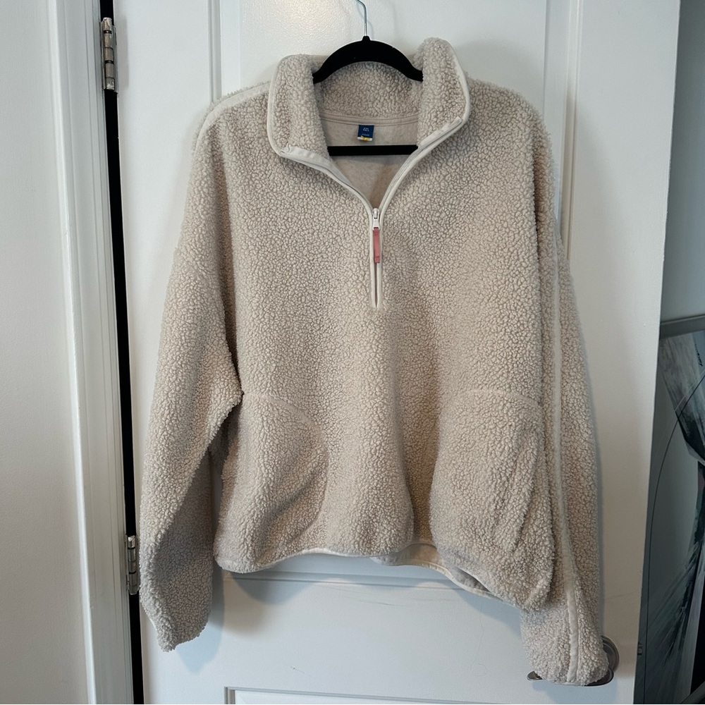 Old Navy Crop Sherpa Quarter Zip Pullover Sweatshirt in Cream - Picture 4 of 11